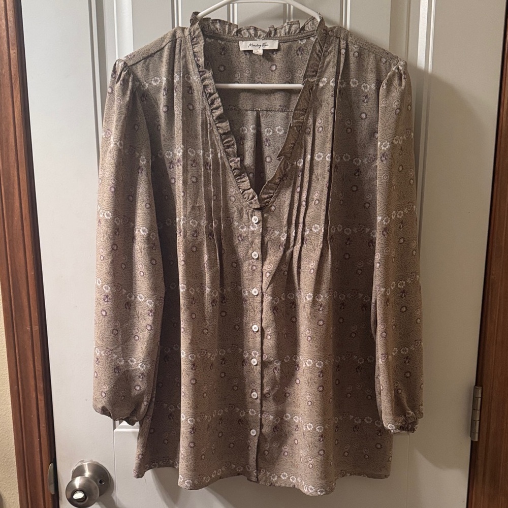 Pleated Ruffle V-Neck Blouse in Taupe